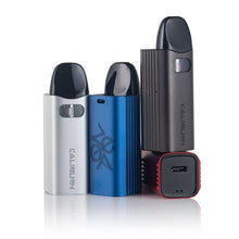 Load image into Gallery viewer, A collection of Uwell Caliburn AZ3 pod system kits in various colors including black, blue, and silver, alongside a type-C charging cable and Caliburn A3 pods.
