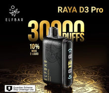 Load image into Gallery viewer, Elf Bar RAYA D3 Pro vape device with promotional text on a dark background