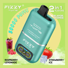 Load image into Gallery viewer, Fizzy Twins vape device with raspberry lemonade and strawberry ice flavors on a green background