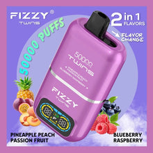 Load image into Gallery viewer, Purple Fizzy Twins vape device with flavor options on a purple background