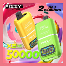 Load image into Gallery viewer, Two colorful vape devices with 'Fizzy Twins' branding on a vibrant background.