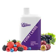 Load image into Gallery viewer, Funky Lands vape juice bottle with berries and vegetables on a white background