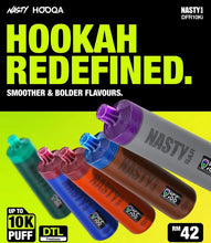 Load image into Gallery viewer, An advertisement for Nasty Bar Hooqa DFR10Ki DTL disposable vapes with a lineup of colorful devices and text highlighting features such as up to 10,000 puffs, DTL vaping, and a 600mAh battery.