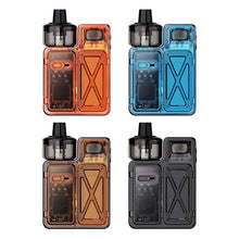 Load image into Gallery viewer, Four Uwell Crown M Pod Mod Kits in different colors (top view): orange, blue, black, and transparent.