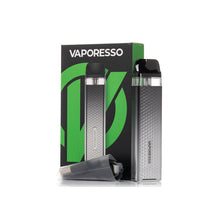 Load image into Gallery viewer, Vaporesso XROS 3 MINI pod system kit in black color with a pod attached, displayed alongside its packaging box which has green and white color scheme with 'Vaporesso' branding.