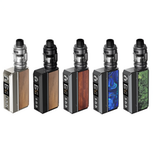 Load image into Gallery viewer, A series of Voopoo Drag 4 starter vape kits in various color finishes, including black, wood, and patterned designs.
