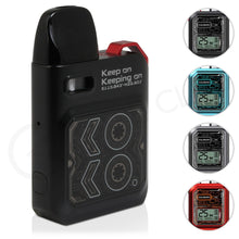 Load image into Gallery viewer, Uwell Caliburn GK3 Pod System Kit, a vaping device with a see-through cartridge and an LCD display showing power, battery level, and temperature information, available in multiple colors.