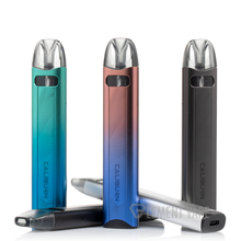 Load image into Gallery viewer, Uwell Caliburn A3S pod system vaporizers in blue, red, and black colors, with a pod attached to the black one, and the brand name visible on the side.