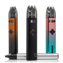 Load image into Gallery viewer, A collection of Uwell Caliburn Explorer pod system vaporizers in black, red, and blue colors, with a preinstalled pod and coil visible in the foreground.