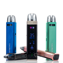 Load image into Gallery viewer, Three UWELL Caliburn G3 Pro 35W Pod Systems in blue, rose gold, and green colors, featuring a full screen display and a magnetic pod design.