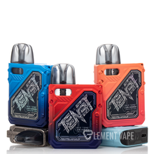 Load image into Gallery viewer, Uwell Caliburn GK3 TENET 25W pod systems, with one in blue, one in red, and one in silver color, displayed alongside a lanyard and a user manual.