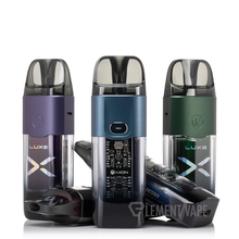 Load image into Gallery viewer, A collection of Vaporesso LUXE X 40W Pod Systems in various colors (black, blue, green, purple, red, silver, white). Each device consists of a bottom fill system, an integrated coil, and a silicone stoppered pod.