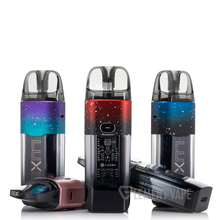 Load image into Gallery viewer, A collection of Vaporesso LUXE XR 40W Pod Systems with various color themes, displaying the device with a pod attached and the USB charging cable.