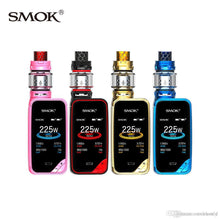 Load image into Gallery viewer, A series of SMOK X-PRIV 225W vaporizers with TFV12 Prince tanks in various colors (red, blue, black, gold, silver, pink). They feature a glassy appearance and a digital display on the front.