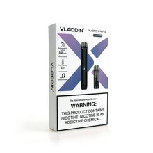 Load image into Gallery viewer, Packaging of the Vladdin X Vape Starter Kit, displaying the device, a refill pod, and warning about nicotine content.