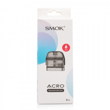 Load image into Gallery viewer, A pack of three SMOK ACRO Replacement Pods, showing the pods inside the packaging with a white and blue design.