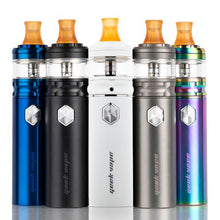 Load image into Gallery viewer, A collection of Geek Vape FLINT MTL vaping devices in various colors such as blue, black, and multicolor, featuring a stainless steel construction with a single button on top and a tank on the side.