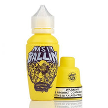 Load image into Gallery viewer, A yellow 60mL bottle of Nasty Ballin e-liquid with a graphic design of a passion fruit and a warning label about nicotine