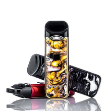 Load image into Gallery viewer, The image shows a SMOK Nord Pod Kit with a black and gold color scheme, featuring a pod cartridge, a mesh coil, and a regular coil.