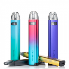 Load image into Gallery viewer, Three Uwell Caliburn A2S Pod System vaping devices in blue, red, and purple color, displayed side by side with their respective pods visible.