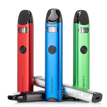 Load image into Gallery viewer, Three Uwell Caliburn A3 pod systems in red, blue, and green colors, displayed vertically with the brand name visible on the devices. The image also shows a black and silver pod cartridge and a USB charging cable.