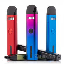 Load image into Gallery viewer, Three Uwell Caliburn G2 pod systems in red, blue, and green colors, arranged vertically and horizontally displaying the device's design and a Type-C charging cable.