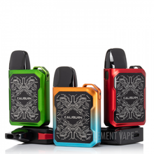 Load image into Gallery viewer, Three Uwell Caliburn GK2 18W Pod Systems arranged side by side in green, orange, and red colors, with a black patterned design on the front.