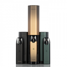 Load image into Gallery viewer, The image shows the Uwell TRIPOD PCC Starter Kit in various colors, including black, gold, and green, with the devices and pods displayed vertically.