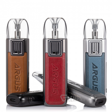 Load image into Gallery viewer, Three Voopoo ARGUS Pod devices in red, blue, and silver colors, with visible silicone stoppered side fill system and OLED display screens.