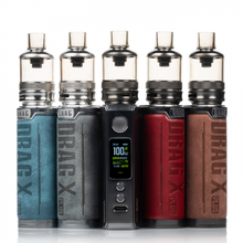 Load image into Gallery viewer, A collection of Voopoo DRAG X PLUS 100W Pod Mod Vaporizers in various colors, featuring a digital display and a pod tank on top.