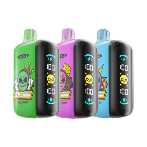 Three disposable ELFBAR GH23000 vapes in green, purple, and blue colors, each with a colorful digital display and decorated with various character designs.