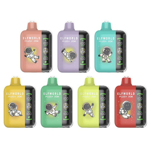 A collection of ELFWORLD Plus 20K disposable vapes in various colors, each with a display screen and dual mesh coils.