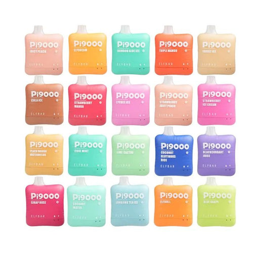 An array of Elf Bar PI 9000 disposable vape devices in various colors.