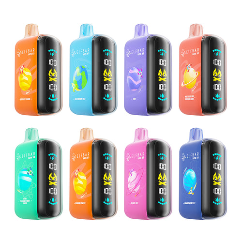 An array of Elf Bar Raya D3 disposable vapes in various colors, each featuring a digital display and a monochrome blue light ring.