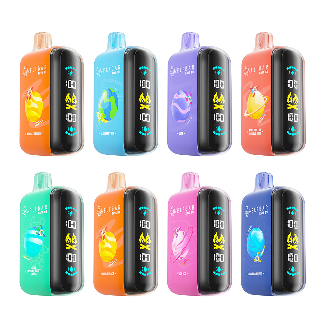 An array of Elf Bar Raya D3 disposable vapes in various colors, each featuring a digital display and a monochrome blue light ring.