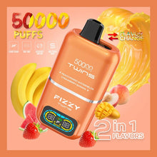 Load image into Gallery viewer, Fizzy Twins vape device with fruit graphics and text on a peach background
