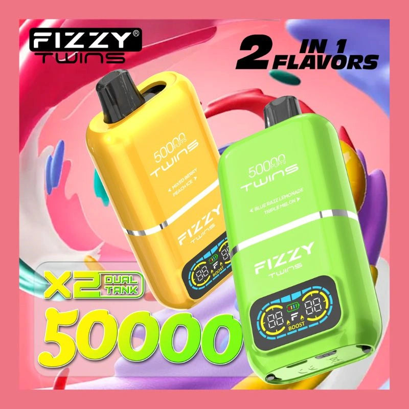 Two colorful vape devices with 'Fizzy Twins' branding on a vibrant background.