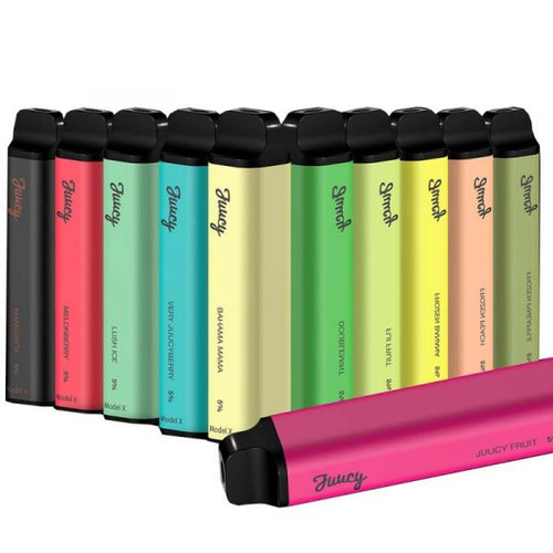 A collection of Juucy Model X disposable vape devices in various colors.