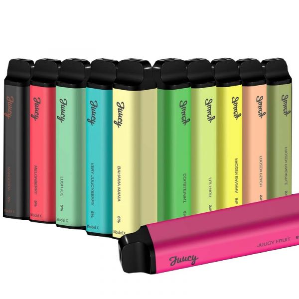 A collection of Juucy Model X disposable vape devices in various colors.