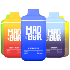 Three Puff Bar disposable vapes in different flavors, each with its own color scheme and design. From left to right, the flavors are Honey Mango, Blue Razz Ice, and Ice Grape.