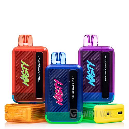 A collection of colorful Nasty Bar DX8.5i disposable vape devices, available in various flavors, displayed alongside a USB Type-C cable.