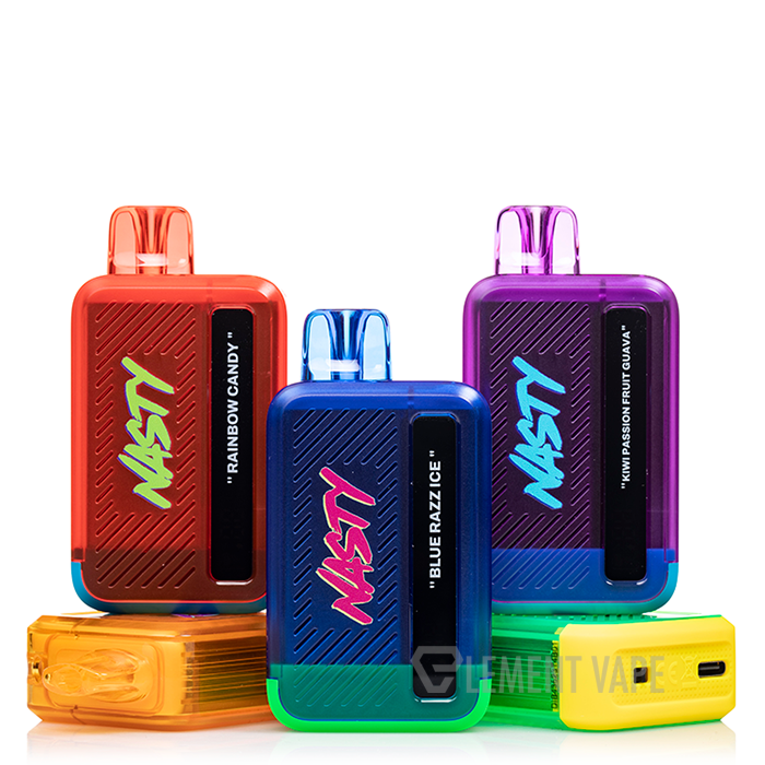 A collection of colorful Nasty Bar DX8.5i disposable vape devices, available in various flavors, displayed alongside a USB Type-C cable.