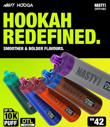 An advertisement for Nasty Bar Hooqa DFR10Ki DTL disposable vapes with a lineup of colorful devices and text highlighting features such as up to 10,000 puffs, DTL vaping, and a 600mAh battery.