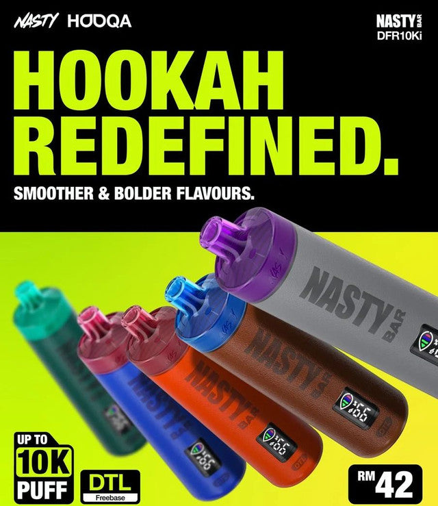 An advertisement for Nasty Bar Hooqa DFR10Ki DTL disposable vapes with a lineup of colorful devices and text highlighting features such as up to 10,000 puffs, DTL vaping, and a 600mAh battery.