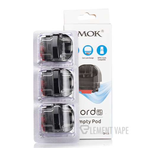 A pack of three SMOK NORD 5 replacement pods, featuring the pods outside the packaging with a white and purple design, and the packaging showing the product name and coil series.