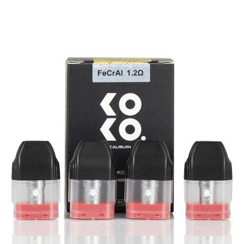 A pack of four Uwell Caliburn Koko replacement pods displayed in front of their packaging box. The pods have a black and silver color scheme with a pink liquid level indicator.