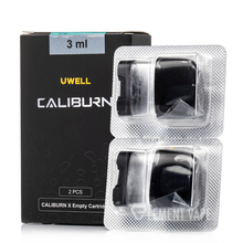 Load image into Gallery viewer, Uwell Caliburn X Replacement Pods packaging showing the box and individual pod with a 3mL capacity indicator, in a clear plastic blister pack.
