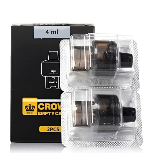 Two Uwell Crown M Replacement Pods in a clear plastic packaging with a black label, indicating an empty capacity of 4ml and compatibility with Crown M Replacement Coils.