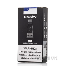Load image into Gallery viewer, A box of Uwell Crown X Replacement Coils with four pieces inside. The box is predominantly black with white and red text, and an image of a vaping device on the front.
