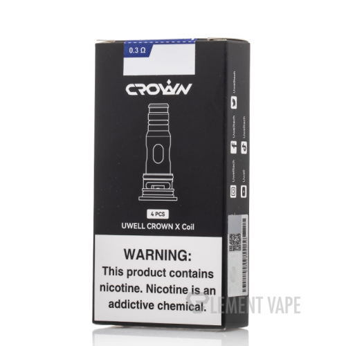 A box of Uwell Crown X Replacement Coils with four pieces inside. The box is predominantly black with white and red text, and an image of a vaping device on the front.